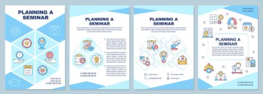 Mavi broşür semineri planlıyorum. Şirket etkinliği. Çizgisel simgeli broşür tasarımı. Sunum için düzenlenebilir 4 vektör düzeni, yıllık raporlar. Arial-Black, Kullanılan Myriad Pro-Normal yazı tipleri