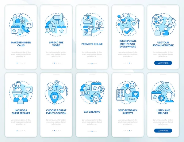 Augmentation Fréquentation Des Réunions Bleu Onboarding Mobile App Screen Set — Image vectorielle