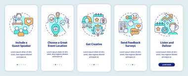 Mobil uygulama ekranında iş etkinliklerinin artması. Doğrusal kavramlarla düzenlenebilir grafik yönergelerini 5 adımda gezdir. UI, UX, GUI şablonu. Kullanılan sayısız Pro-Kalın, Düzenli yazı tipleri