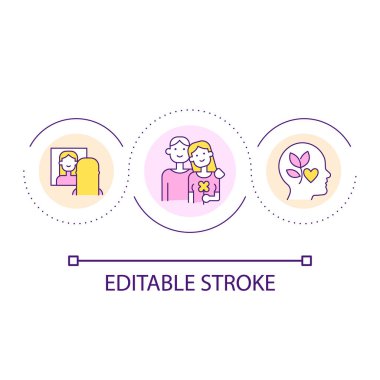 İlişki döngüsü konsepti ikonunda özgüven inşa etmek. Kendine güvenen eş soyut fikir ince çizgi çizimi. Eş olarak daha iyi bir eş ol. İzole bir taslak çizim. Düzenlenebilir felç. Kullanılan Arial yazı tipi