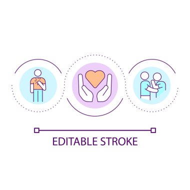 Sevgi ve şefkat döngüsü konsepti ikonu gösteriliyor. Arkadaşlıklarda empati soyut fikirlerde ince çizgi çizimlerinde. Şefkatli duygular. İzole bir taslak çizim. Düzenlenebilir felç. Kullanılan Arial yazı tipi