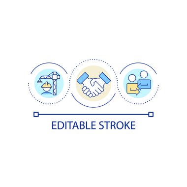 Konut geliştirme döngüsü konsepti ikonu ortaklığı. İnşaat işbirliği fikri soyut çizgisi çizimi. İzole bir taslak çizim. Düzenlenebilir felç. Kullanılan Arial yazı tipi