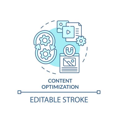 İçerik optimizasyonu turkuaz konsept simgesi. SEO Analizleri. Soyut fikirlerin pazarlanmasında yapay zeka. İnce çizgi çizimi. İzole bir taslak çizim. Düzenlenebilir felç. Arial, Myriad Pro-Kalın yazı tipleri