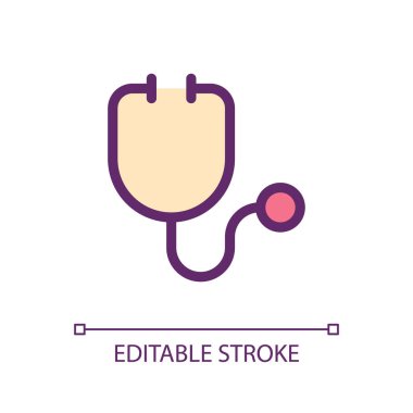 Stetoskop pikseli mükemmel RGB renk ui simgesi. Tıbbi inceleme aracı. Basit doldurulmuş çizgi ögesi. Mobil uygulama için UX tasarımı. Vektör izole görüntü grafiği. Düzenlenebilir felç. Kullanılan Arial yazı tipi