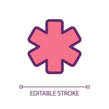 Yaşam pikselinin yıldızı mükemmel RGB renk ui simgesi. Ambulans sembolü. Sağlık hizmetleri. Basit doldurulmuş çizgi ögesi. Mobil uygulama için UX tasarımı. Vektör izole görüntü grafiği. Düzenlenebilir felç. Kullanılan Arial yazı tipi