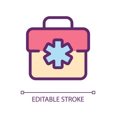 Tıbbi çanta pikseli mükemmel RGB renk ui simgesi. Doktor bavulu. İlk yardım çantası. Basit doldurulmuş çizgi ögesi. Mobil uygulama için UX tasarımı. Vektör izole görüntü grafiği. Düzenlenebilir felç. Kullanılan Arial yazı tipi