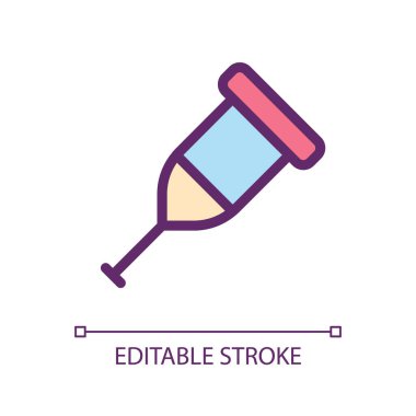 Koltuk değneği pikseli mükemmel RGB renk ui simgesi. Ortopedik cihaz. Yaralı bacak desteği. Basit doldurulmuş çizgi ögesi. Mobil uygulama için UX tasarımı. Vektör izole görüntü grafiği. Düzenlenebilir felç. Kullanılan Arial yazı tipi