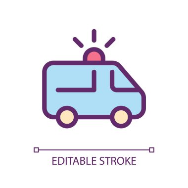Ambulans pikseli mükemmel RGB renk ui simgesi. Acil tıbbi yardım. Acil yardım aracı. Basit doldurulmuş çizgi ögesi. Mobil uygulama için UX tasarımı. Vektör izole görüntü grafiği. Düzenlenebilir felç. Kullanılan Arial yazı tipi