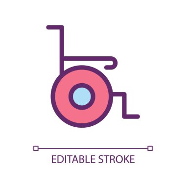 Tekerlekli sandalye pikseli mükemmel RGB renk ui simgesi. Tıbbi ekipman. Engelli. Basit doldurulmuş çizgi ögesi. Mobil uygulama için UX tasarımı. Vektör izole görüntü grafiği. Düzenlenebilir felç. Kullanılan Arial yazı tipi