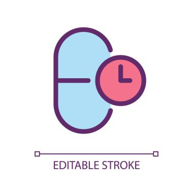 İlacı zamanında almak mükemmel RGB renk ui simgesi. Düzenli tedavi. Basit doldurulmuş çizgi ögesi. Mobil uygulama için UX tasarımı. Vektör izole görüntü grafiği. Düzenlenebilir felç. Kullanılan Arial yazı tipi