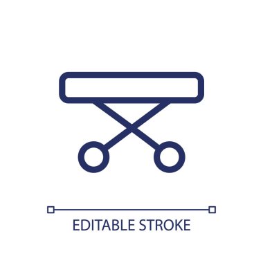 Tıbbi sedye pikseli mükemmel doğrusal ui simgesi. Ambulans ekipmanları. Hasta taşımacılığı. GUI, UX tasarımı. Uygulama ve web için izole edilmiş kullanıcı arayüzü ögesi. Düzenlenebilir felç. Kullanılan Arial yazı tipi