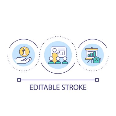 Çalışanların döngü konsepti ikonu için eğitici seminer. Şirket eğitimi. Proje sunumu soyut fikir ince çizgi çizimi. İzole bir taslak çizim. Düzenlenebilir felç. Kullanılan Arial yazı tipi