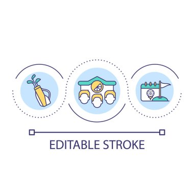 Golf turnuvası döngü ikonu. Lüks spor kulübü takımı. Profesyonel lig oyunları soyut fikir ince çizgi çizimi. İzole bir taslak çizim. Düzenlenebilir felç. Kullanılan Arial yazı tipi