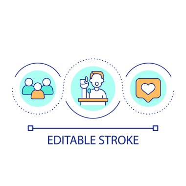 Hoparlör döngü konseptinin halka açık performansı. Toplantının popüler politikacısı. İletişim fikri soyut ince çizgi çizimi. İzole bir taslak çizim. Düzenlenebilir felç. Kullanılan Arial yazı tipi