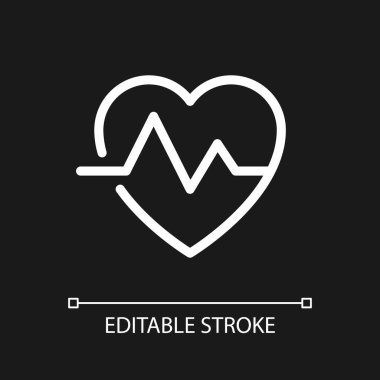 Kardiyogram pikseli koyu renk tema için mükemmel beyaz doğrusal ui simgesi. Kalp atışı. Sağlık kontrolü. Vektör çizgisi çizimi. Gece modu için izole edilmiş kullanıcı arayüzü sembolü. Düzenlenebilir felç. Kullanılan Arial yazı tipi