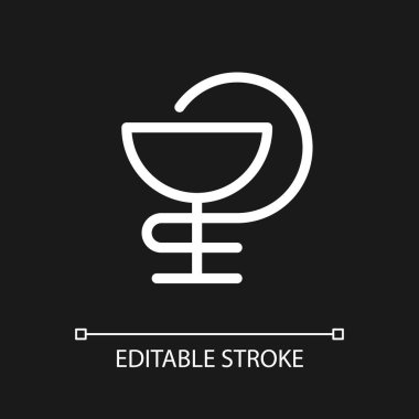 Bir kase Hygieia pikseli koyu renk tema için mükemmel beyaz doğrusal ui simgesi. Eczacılık sembolü. Vektör çizgisi çizimi. Gece modu için izole edilmiş kullanıcı arayüzü sembolü. Düzenlenebilir felç. Kullanılan Arial yazı tipi