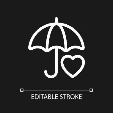 Sağlık sigortası pikseli koyu renk tema için mükemmel beyaz doğrusal ui simgesi. Sağlık sigortası ve yardım. Vektör çizgisi çizimi. Gece modu için izole edilmiş kullanıcı arayüzü sembolü. Düzenlenebilir felç. Kullanılan Arial yazı tipi