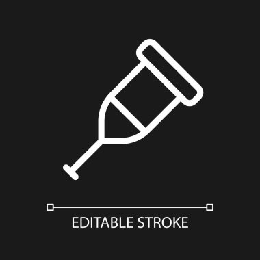 Koltuk değneği pikseli koyu renk tema için mükemmel beyaz doğrusal ui simgesi. Ortopedik cihaz. Yaralı bacak desteği. Vektör çizgisi çizimi. Gece modu için izole edilmiş kullanıcı arayüzü sembolü. Düzenlenebilir felç. Kullanılan Arial yazı tipi