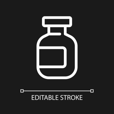 İlaç şişesi pikseli koyu renk tema için mükemmel beyaz doğrusal ui simgesi. Uyuşturucu paketi. Sıvı ilaç. Vektör çizgisi çizimi. Gece modu için izole edilmiş kullanıcı arayüzü sembolü. Düzenlenebilir felç. Kullanılan Arial yazı tipi