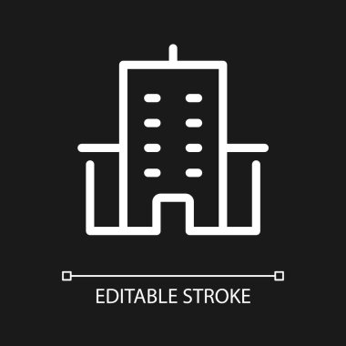 Hastane binası pikseli koyu renk tema için mükemmel beyaz doğrusal ui simgesi. Sağlık Kurumu. Vektör çizgisi çizimi. Gece modu için izole edilmiş kullanıcı arayüzü sembolü. Düzenlenebilir felç. Kullanılan Arial yazı tipi