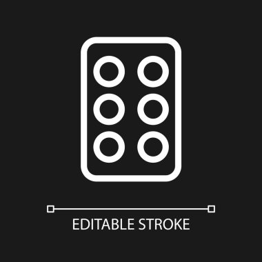 Kabarcık paketi pikselindeki haplar koyu renk tema için mükemmel beyaz doğrusal ui ikonu. Ağız ilacı. Vektör çizgisi çizimi. Gece modu için izole edilmiş kullanıcı arayüzü sembolü. Düzenlenebilir felç. Kullanılan Arial yazı tipi