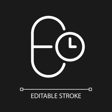 Zaman pikselinde ilaç almak koyu renk tema için mükemmel beyaz doğrusal ui simgesi. Kapsül dozajı. Vektör çizgisi çizimi. Gece modu için izole edilmiş kullanıcı arayüzü sembolü. Düzenlenebilir felç. Kullanılan Arial yazı tipi