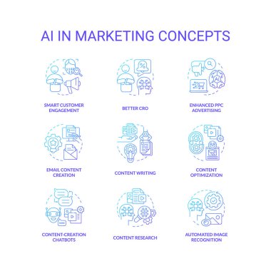 Mavi gradyan konsept simgelerinin pazarlanmasında yapay zeka. İş için dijital teknoloji. Yenilikler ince çizgi renkli çizimler yapar. İzole semboller. Kullanılan Roboto-Orta, Myriad Pro-Kalın yazı tipleri