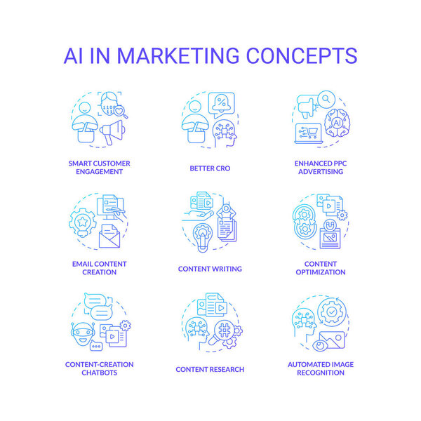 AI in marketing blue gradient concept icons set. Digital technology for business. Innovations idea thin line color illustrations. Isolated symbols. Roboto-Medium, Myriad Pro-Bold fonts used