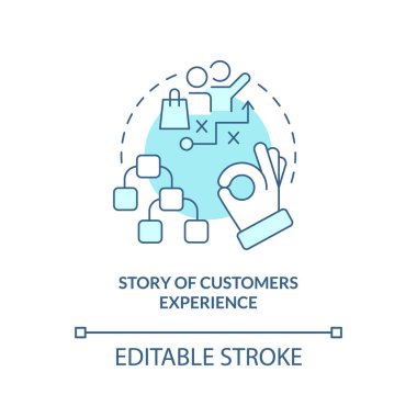 Müşterilerin hikâyesinde turkuaz konsept simgesi yaşanıyor. Vaka çalışması elementi soyut fikir ince çizgi çizimi. İzole bir taslak çizim. Düzenlenebilir felç. Arial, Myriad Pro-Kalın yazı tipleri