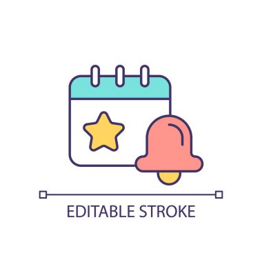 Gelecekteki olaylar RGB renk simgesine bildir. Önemli tarihlerin takvimini oluşturun. Zaman yönetimi. İzole vektör çizimi. Basit bir çizgi çizimi. Düzenlenebilir felç. Kullanılan Arial yazı tipi