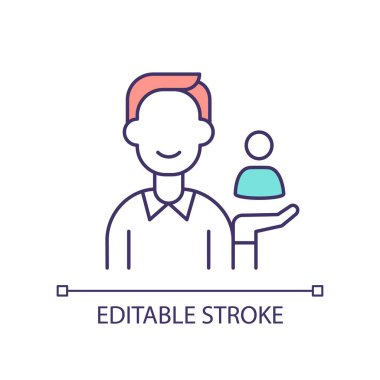 Danışman desteği RGB renk simgesi. Yeni çalışanların eğitimi. İşçi entegrasyonu için kurumsal program. İzole vektör çizimi. Basit bir çizgi çizimi. Düzenlenebilir felç. Kullanılan Arial yazı tipi