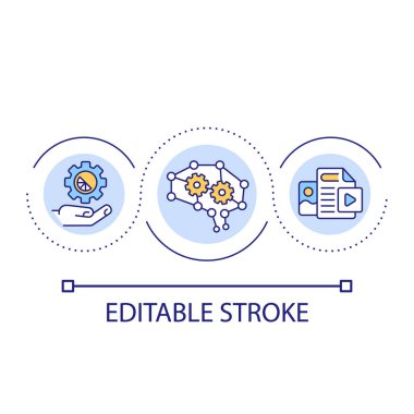 Pazarlama döngüsü konseptinde yapay zeka algoritması. İçerik oluşturmanın otomatikleştirilmesi. Dijital iş soyut fikir ince çizgi çizimi. İzole bir taslak çizim. Düzenlenebilir felç. Kullanılan Arial yazı tipi
