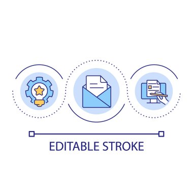 İş döngüsü konsepti simgesi için e-posta pazarlaması. Terfi mektupları. Müşterilerle iletişim kurma fikri soyut ince çizgi çizimi. İzole bir taslak çizim. Düzenlenebilir felç. Kullanılan Arial yazı tipi