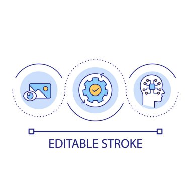 Yapay zeka döngüsü konsept simgesi tarafından resim tanıma. Yüz tanımlama teknolojisi. Sinirsel ağ soyut fikir ince çizgi çizimi. İzole bir taslak çizim. Düzenlenebilir felç. Kullanılan Arial yazı tipi