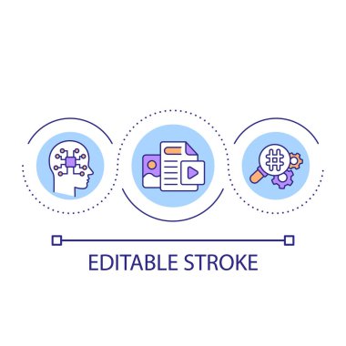 Yapay zeka döngü konsepti ile içerik oluşturuluyor. Reklam kampanyası online. Ticari dijitalleştirme soyut fikir ince çizgi çizimi. İzole bir taslak çizim. Düzenlenebilir felç. Kullanılan Arial yazı tipi