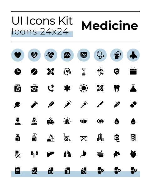 Ensemble Icônes Liées Médecine Glyphe Noir Hôpital Clinique Symboles Silhouette — Image vectorielle