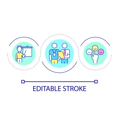 Personel döngü konsepti ikonunun eğitilmesi ve incelenmesi. Şirket seminerleri iletimi. İş soyut fikri ince çizgi çizimi. İzole bir taslak çizim. Düzenlenebilir felç. Kullanılan Arial yazı tipi