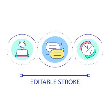 Sürekli teknik destek döngüsü konsepti simgesi. Müşterilerle iletişim. Çevrimiçi danışma fikri soyut ince çizgi çizimi. İzole bir taslak çizim. Düzenlenebilir felç. Kullanılan Arial yazı tipi