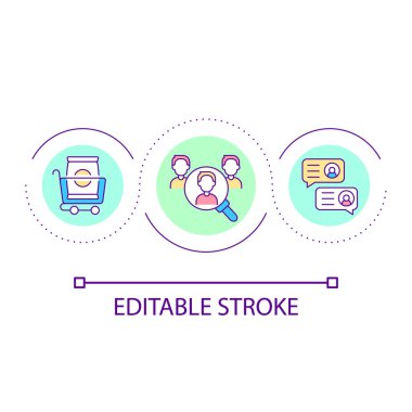 Müşteri davranış döngüsü ikonu inceleniyor. Sohbet sırasında müşterilerle iletişim. Mallar soyut fikir ince çizgi çizimi sipariş ediyor. İzole bir taslak çizim. Düzenlenebilir felç. Kullanılan Arial yazı tipi