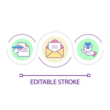 Tebrik mektupları yazmak döngü konsepti ikonu. Posta yoluyla iletişim. Hediye gönderme ve soyut fikirlerin ince çizgi çizimi. İzole bir taslak çizim. Düzenlenebilir felç. Kullanılan Arial yazı tipi
