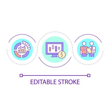 Borsa ticaret analizi döngü konsepti ikonu. Finansal süreçleri incele. İş aracı soyut fikir ince çizgi çizimi. İzole bir taslak çizim. Düzenlenebilir felç. Kullanılan Arial yazı tipi