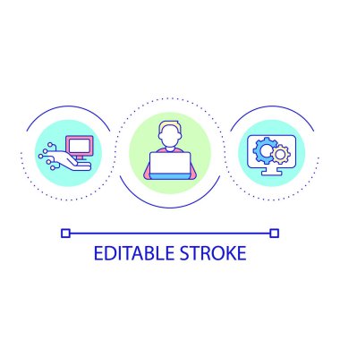 İş döngüsü konsept ikonunda dijital teknoloji. Uzak bir iş yeri kurulumu. Çevrimiçi soyut fikir ince çizgi illüstrasyonunda çalışıyorum. İzole bir taslak çizim. Düzenlenebilir felç. Kullanılan Arial yazı tipi