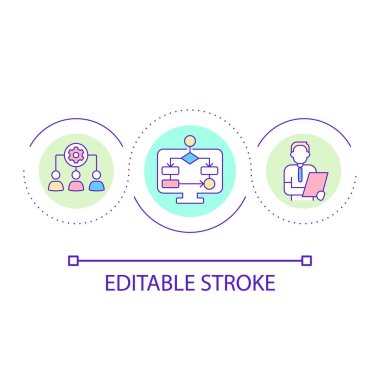 Takım çalışması döngü konsepti teknolojisi. İş yerinde algoritma entegrasyonu. Otomasyon soyut fikir ince çizgi çizimi. İzole bir taslak çizim. Düzenlenebilir felç. Kullanılan Arial yazı tipi