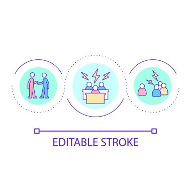 Takım döngü konsepti ikonunda anlaşmazlıklar. İletişim sorunları. Şirket sorunlarını çözme fikri soyut ince çizgi çizimi. İzole bir taslak çizim. Düzenlenebilir felç. Kullanılan Arial yazı tipi