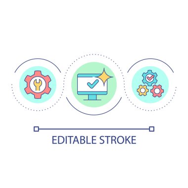 Bilgisayar onarım servis döngüsü konsepti simgesi. Sistem kurulumu ve yazılım kurulumu. Teknoloji soyut fikri ince çizgi çizimi. İzole bir taslak çizim. Düzenlenebilir felç. Kullanılan Arial yazı tipi