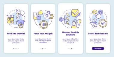 Mobil uygulama ekranında vaka çalışmasının yapısı. Doğrusal kavramlarla birlikte 4 adım düzenlenebilir grafik talimatlarını araştır. UI, UX, GUI şablonu. Kullanılan sayısız Pro-Kalın, Düzenli yazı tipleri