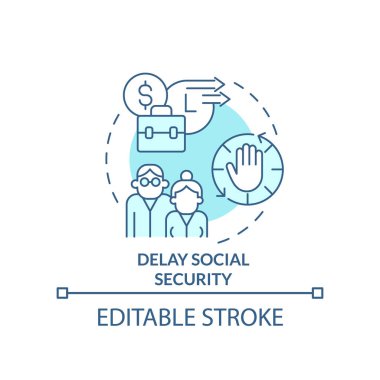 Sosyal güvenlik turkuaz konsept ikonunu ertele. Tüketiciler enflasyonla nasıl başa çıkabilir soyut fikir ince çizgi çizimi. İzole bir taslak çizim. Düzenlenebilir felç. Arial, Myriad Pro-Kalın yazı tipleri