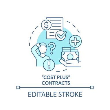 Maliyet artı kontrat turkuaz konsept ikonu. İnce çizgili çizgilerin oluşturulmasında enflasyonla uğraşıyoruz. İzole bir taslak çizim. Düzenlenebilir felç. Arial, Myriad Pro-Kalın yazı tipleri