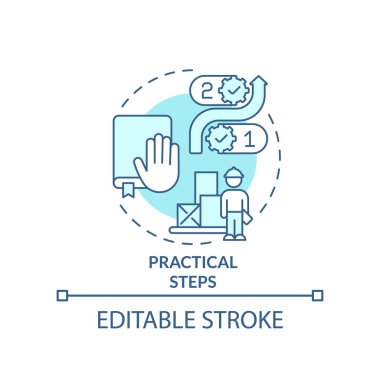 Turkuaz konsept ikonu pratik adımlar. İnce çizgili çizgilerin oluşturulmasında enflasyonla uğraşıyoruz. İzole bir taslak çizim. Düzenlenebilir felç. Arial, Myriad Pro-Kalın yazı tipleri