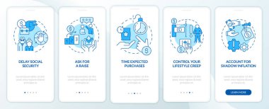 Tüketiciler mobil uygulama ekranındaki enflasyon mavisi ile ilgileniyorlar. Doğrusal kavramlarla düzenlenebilir grafik yönergelerini 5 adımda gezdir. UI, UX, GUI şablonu. Kullanılan sayısız Pro-Kalın, Düzenli yazı tipleri